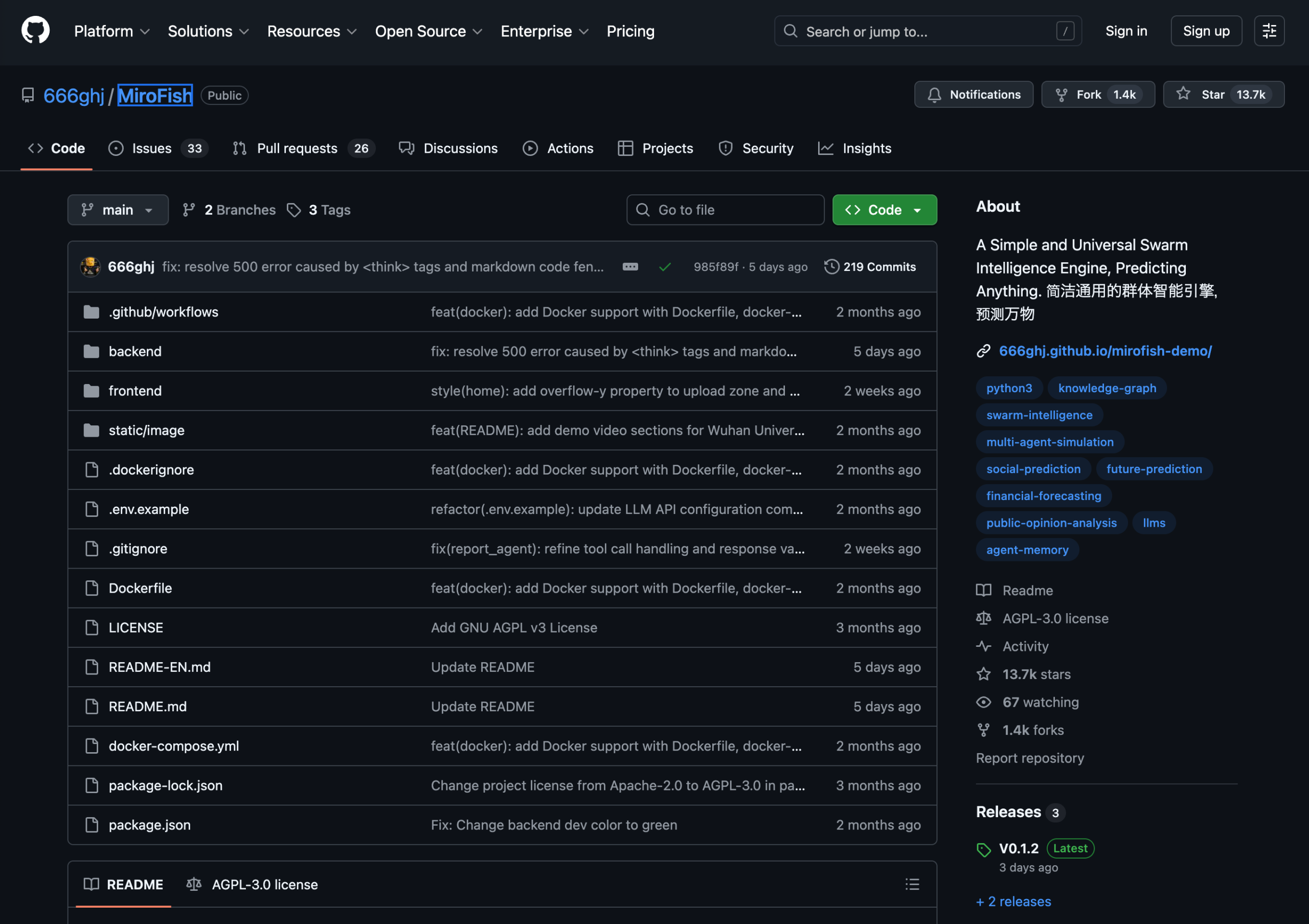 MiroFish GitHubページ・Star13.7k